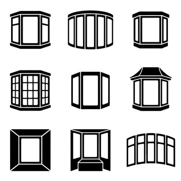 Collection of architectural bay window icons showing various styles and shapes for home design projects