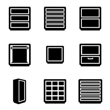 Minimalist black and white storage cabinet and office drawer icon set for organization and furniture design