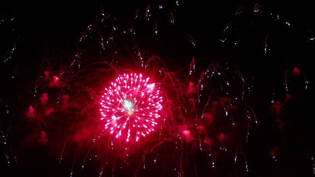 Vibrant festive fireworks display in night sky featuring colorful explosive light patterns and artistic pyrotechnics celebration.
