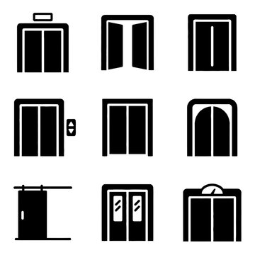 Set of nine elevator and sliding door icons in a minimalist black and white flat design style for architectural wayfinding and app interface design