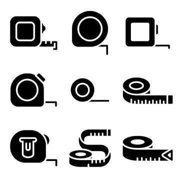 Professional tape measure icon set featuring various retractable and flexible measuring tools for construction and sewing