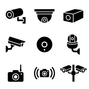 Collection of black security camera icons representing surveillance and safety monitoring systems for private and public protection