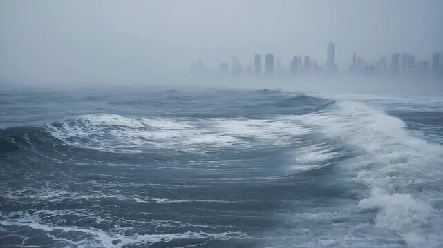 Misty City Skyline Emerging From Fog Over Turbulent Ocean Waves Creating A Moody Atmosphere