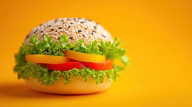 Delicious vegetarian burger with lettuce tomato and cheese on orange background