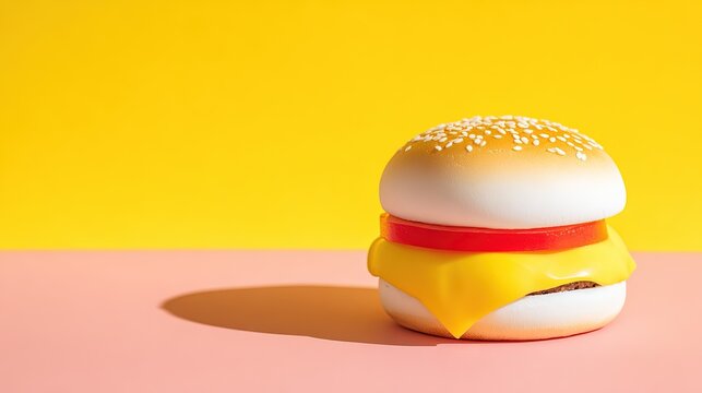 Cheeseburger with sesame seed bun on pink table against yellow background