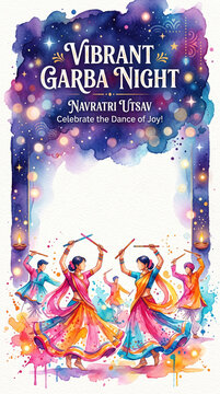 Vibrant Garba Night Navratri Utsav poster. Watercolor illustration of Indian people dancing Dandiya in traditional dress. Festive background with bokeh lights and copy space for text.