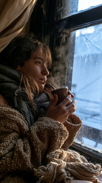 A Solitary Moment of Warmth: A young woman wrapped in a cozy blanket, gazes out a steamy window, cradling a warm mug, finding solace and introspection in the quiet of the moment.