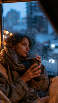 Cozy Moment with a Warm Drink: A young woman bundled in a thick scarf sips a warm beverage from a traditional mate gourd, gazing out a window at a blurred cityscape as steam rises.