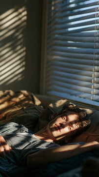 Sunlight and Shadow: A young person lies in bed, illuminated by the dappled light filtering through blinds, creating a serene and contemplative atmosphere.