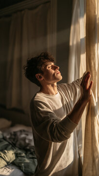 Sunlit Serenity: A young man stands bathed in golden sunlight, his face turned towards the window, reaching out as if to embrace the morning light and the day ahead.