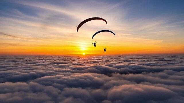 Paragliders soaring above clouds during a vibrant sunset