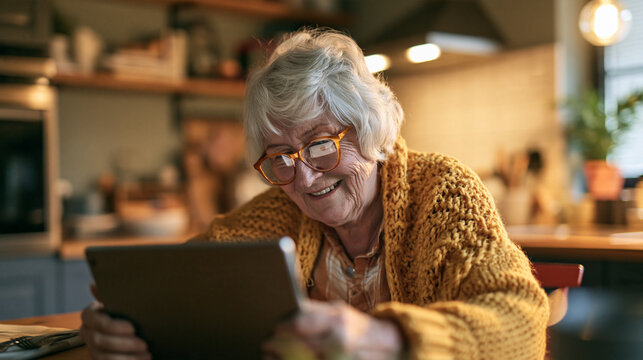 Joyful Connection: A radiant elderly woman with glasses beams as she engages with a digital tablet, her warm smile reflecting a moment of happiness and connection in her cozy home.