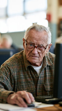 Senior Man Using Computer: An elderly man with glasses and a plaid shirt focuses intently on a computer screen, his hand on the mouse, suggesting engagement with technology or research.
