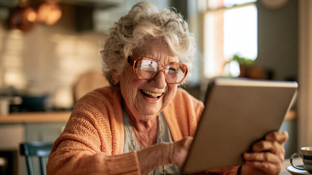 Joyful Senior Using Tablet: A smiling elderly woman wearing glasses and an orange cardigan happily interacts with a tablet.