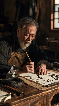 An Artisan of Ink: An elderly Asian man with a flowing white beard, dressed in traditional attire, meticulously practices calligraphy in a dimly lit, antique studio.
