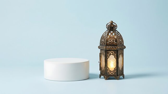 Ramadan lantern with white product display podium on blue background