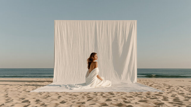 Serene Beach Portrait: A lone woman draped in a white flowing fabric sits on a sandy beach, against a backdrop of the ocean and a sheer white curtain, embodying tranquility and natural beauty.