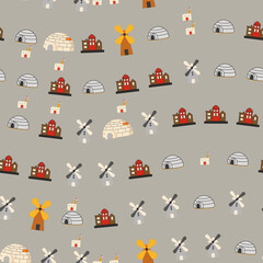Cartoon village pattern with igloos and windmills © qodir