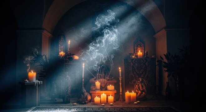 Mystical Altar Aglow: A spiritual altar illuminated by flickering candlelight, with smoke gently rising and shafts of light piercing the dim interior, evoking a sense of mystery and ancient ritual.