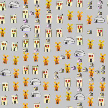 Cartoon pattern of buildings, windmills, and igloos