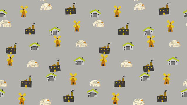 Cartoon village pattern with houses, windmills, and igloos