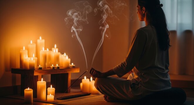 Meditative Serenity: A woman finds inner peace and spiritual connection in a candlelit room, enveloped in the calming aroma of incense smoke, as she practices meditation.