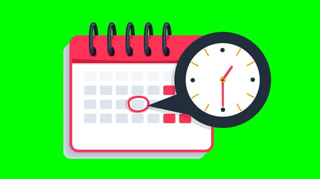Animated Calendar with Clock Icon Showing Time Passing Concept for Scheduling and Planning on Green Screen Background