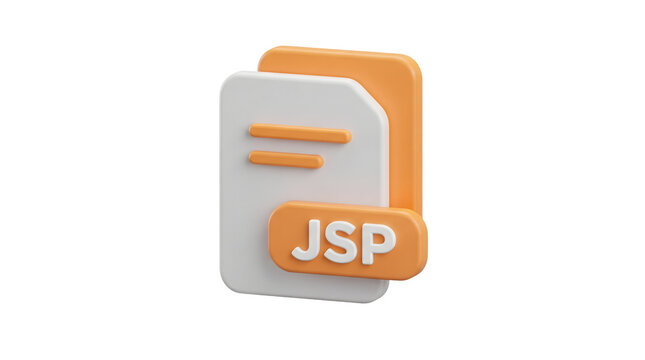 3D Isometric Java Server Pages Icon with Orange Document Background. Modern Web Development Software Badge Asset. White Letters on Black Background.
