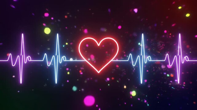 Red Heartbeat ECG Line on Black Background, Medical Cardiology Monitor with Electrocardiogram Pulse Wave, Health and Love Symbol for Hospital Healthcare Concepts