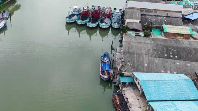 Aerial View of Fishing Trawlers Moored in Coastal River Estuary