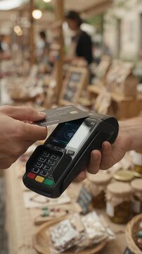 Contactless credit card payment transaction at outdoor street market using portable electronic terminal