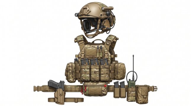 Professional military tactical gear assembly with ballistic helmet and protective armor vest 2k