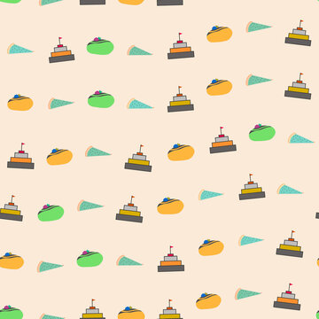 Seamless pattern of cakes and cake slices