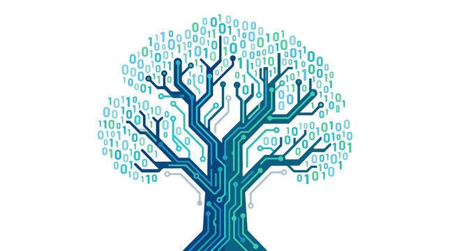 Digital technology tree growing with binary code and circuit board branches flat design vector illustration