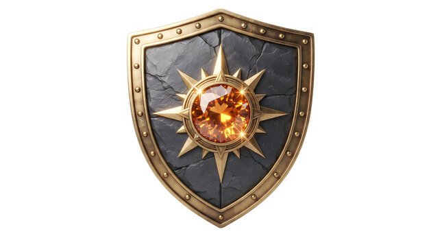 Golden medieval shield with glowing amber gemstone and sunburst emblem, dark background, fantasy armor, heraldic design, 3D render