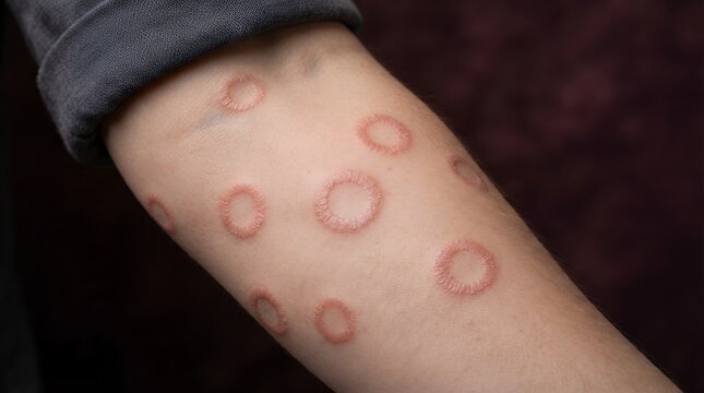 Ringworm fungal infection on human arm, circular skin rash lesions, medical dermatology concept