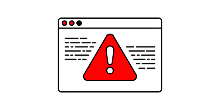 Red warning triangle inside browser window design represents software error message or cyber security alert sign.