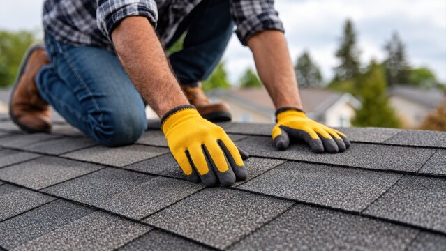 A close-up view of a professional roofer's hands wearing yellow gloves while working on a roof.