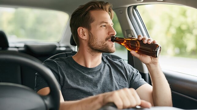 Mature man drinking beer while driving a car, concept of drunk driving and traffic safety violation