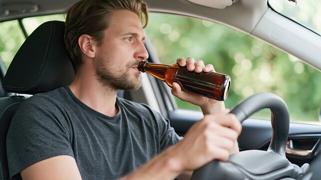 Mature man drinking beer while driving a car, concept of drunk driving and traffic safety violation