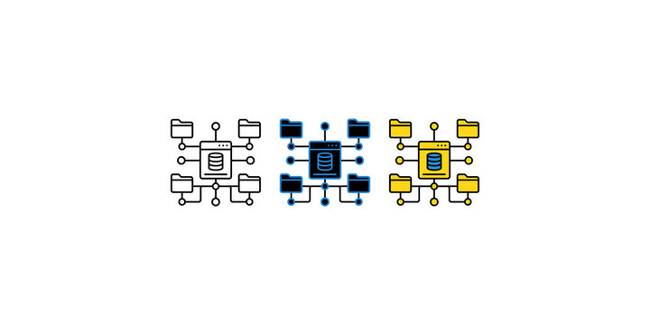 Database network architecture diagram set showing server connectivity and data storage folders in three different.