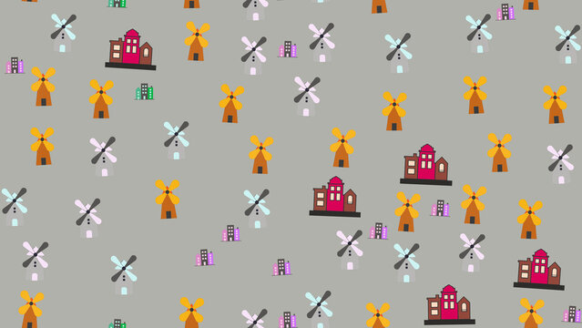 Seamless pattern of stylized windmills and buildings