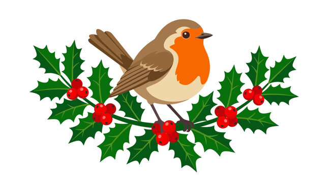 Cute Robin Bird with Holly Berries Isolated