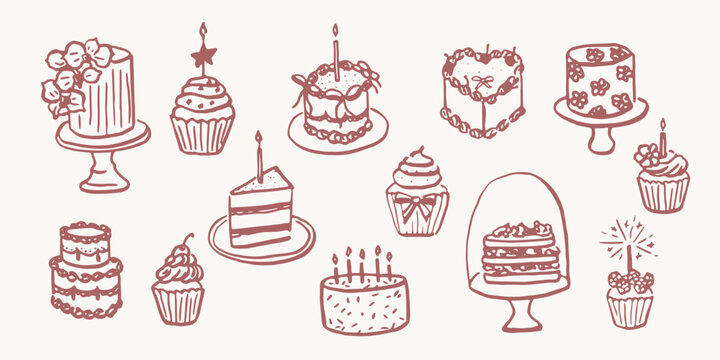 Hand drawn doodle cakes and cupcakes collection