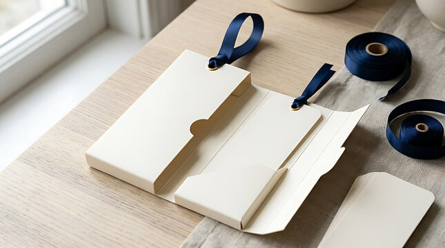 Blank cream cards with navy blue ribbon ties on light wooden table