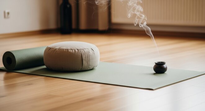 Zen Sanctuary: A serene space for meditation, featuring a yoga mat, zabuton cushion, and a smoldering incense burner, inviting tranquility and mindfulness.