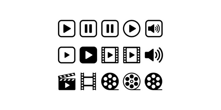 Media player control icons set including play, pause, stop, and film reel symbols for video applications.