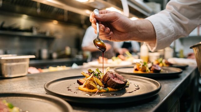 Professional chef preparing gourmet steak dish in modern restaurant kitchen with copy space