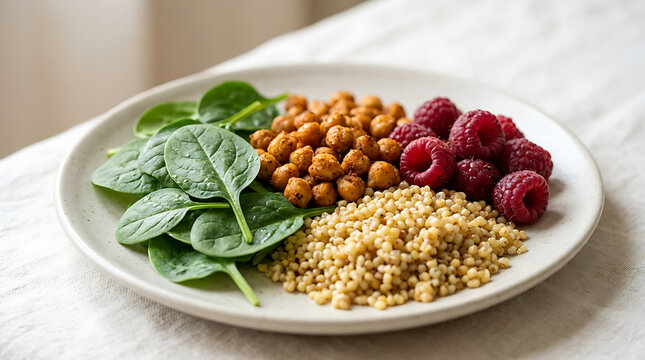 Healthy Vegan Buddha Bowl with Fresh Spinach Roasted Chickpeas Millet and Sweet Raspberries