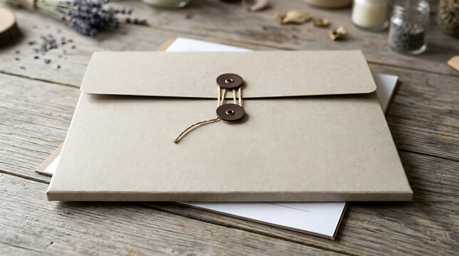 Minimalist envelope mockup with vintage key and paper on rustic wooden surface